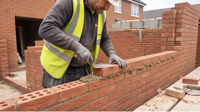 Bricklayer laying facing brick on a new extension wall