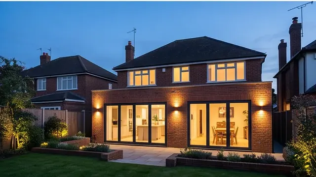 Finished house exterior at dusk with warm interior lighting