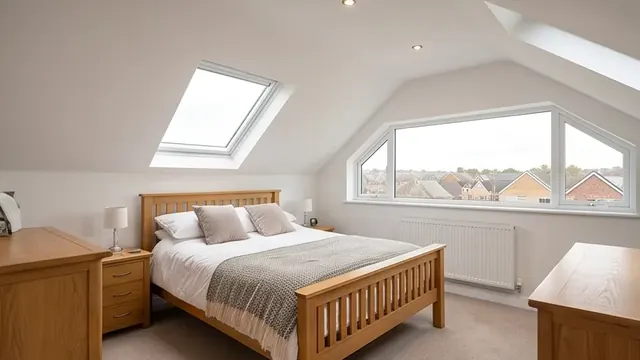 Finished loft conversion bedroom with a Velux rooflight window