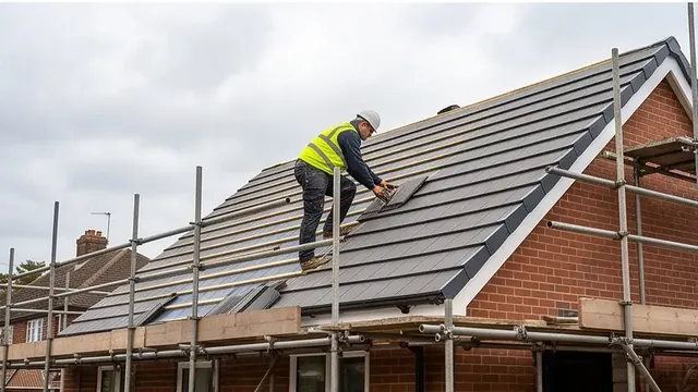 Roofer fitting tiles on a pitched roof