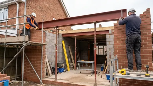 Steel RSJ beam being installed into a brick opening