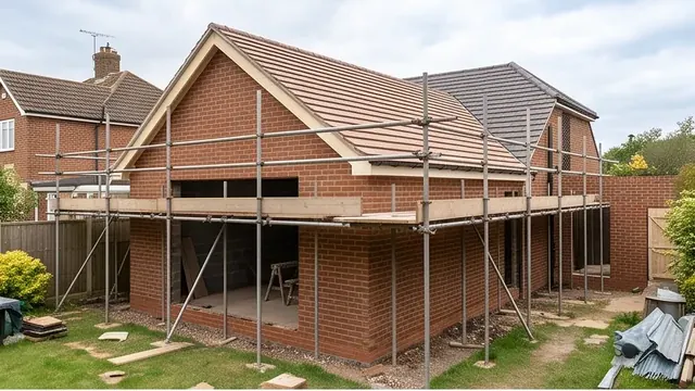Brick single-storey extension under construction with scaffold