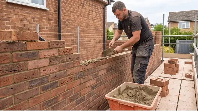 Bricklayer laying facing brick on a new extension wall