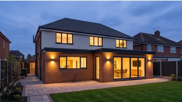 Finished house exterior at dusk with warm interior lighting