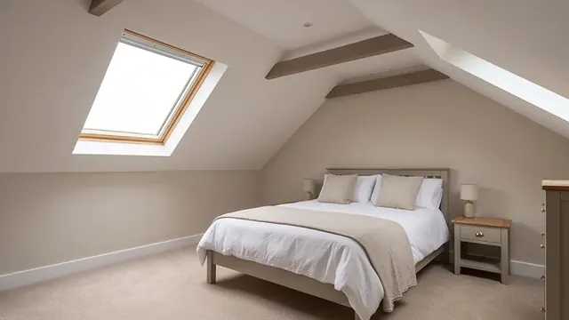 Finished loft conversion bedroom with a Velux rooflight window