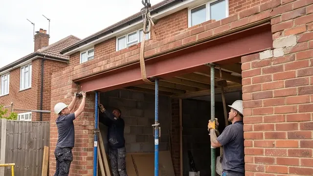 Steel RSJ beam being installed into a brick opening