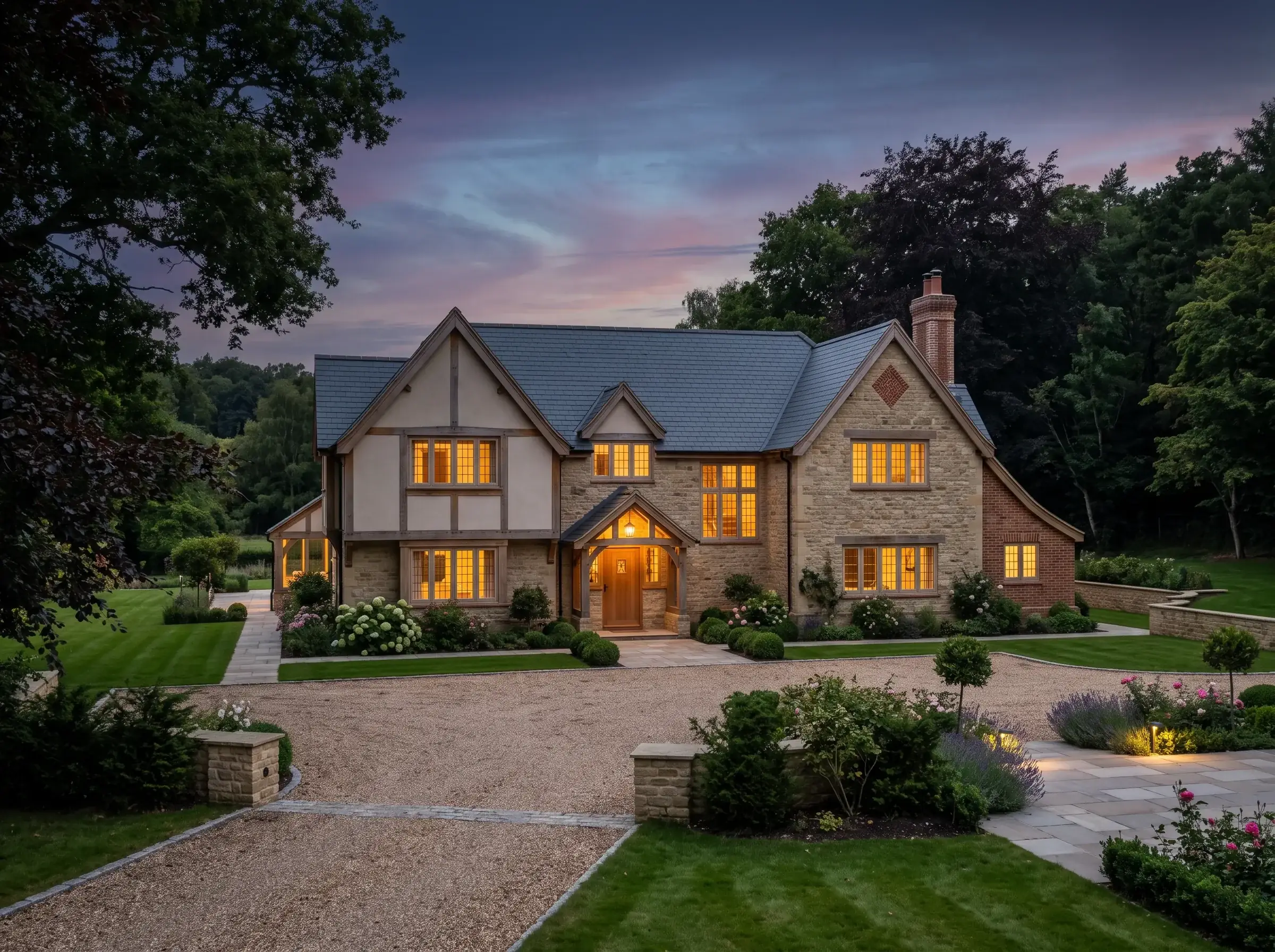 Elegant finished Berkshire home exterior at dusk after building work