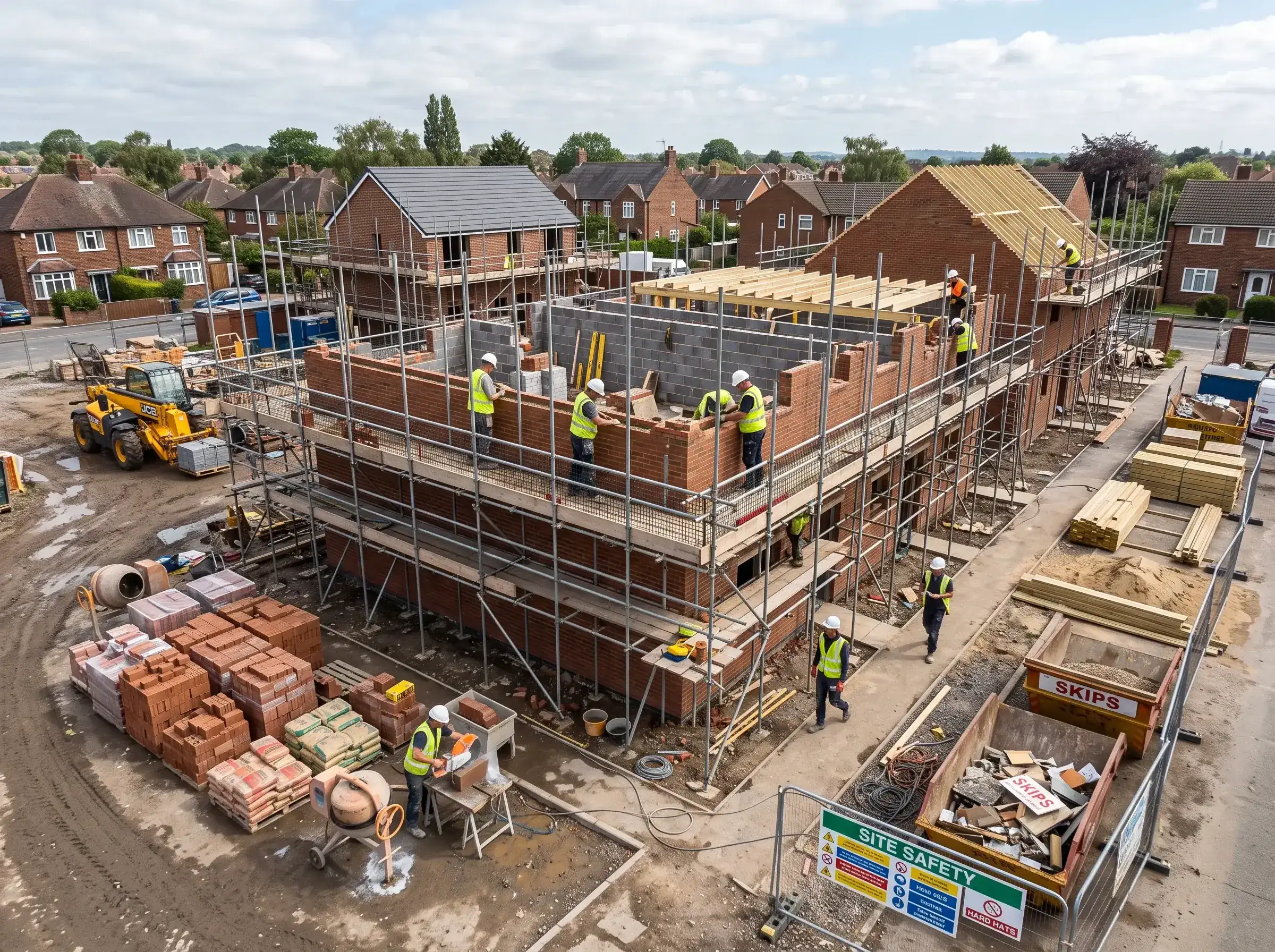 Well-organised Berkshire building site with scaffolding and multiple trades at work