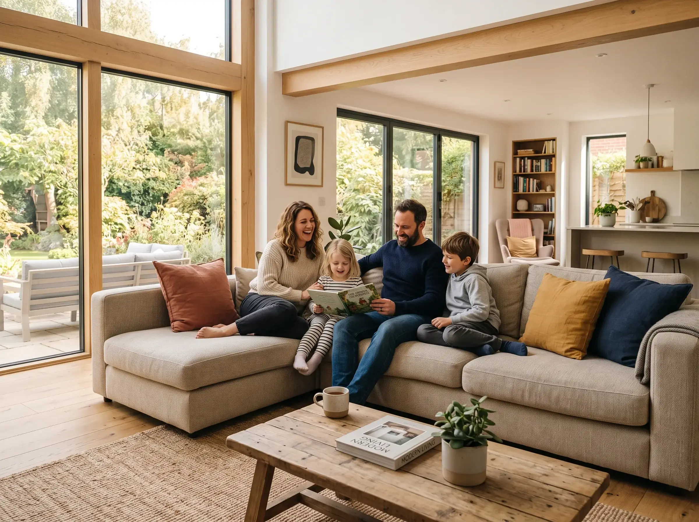 Family relaxing in a beautifully finished home extension in Berkshire