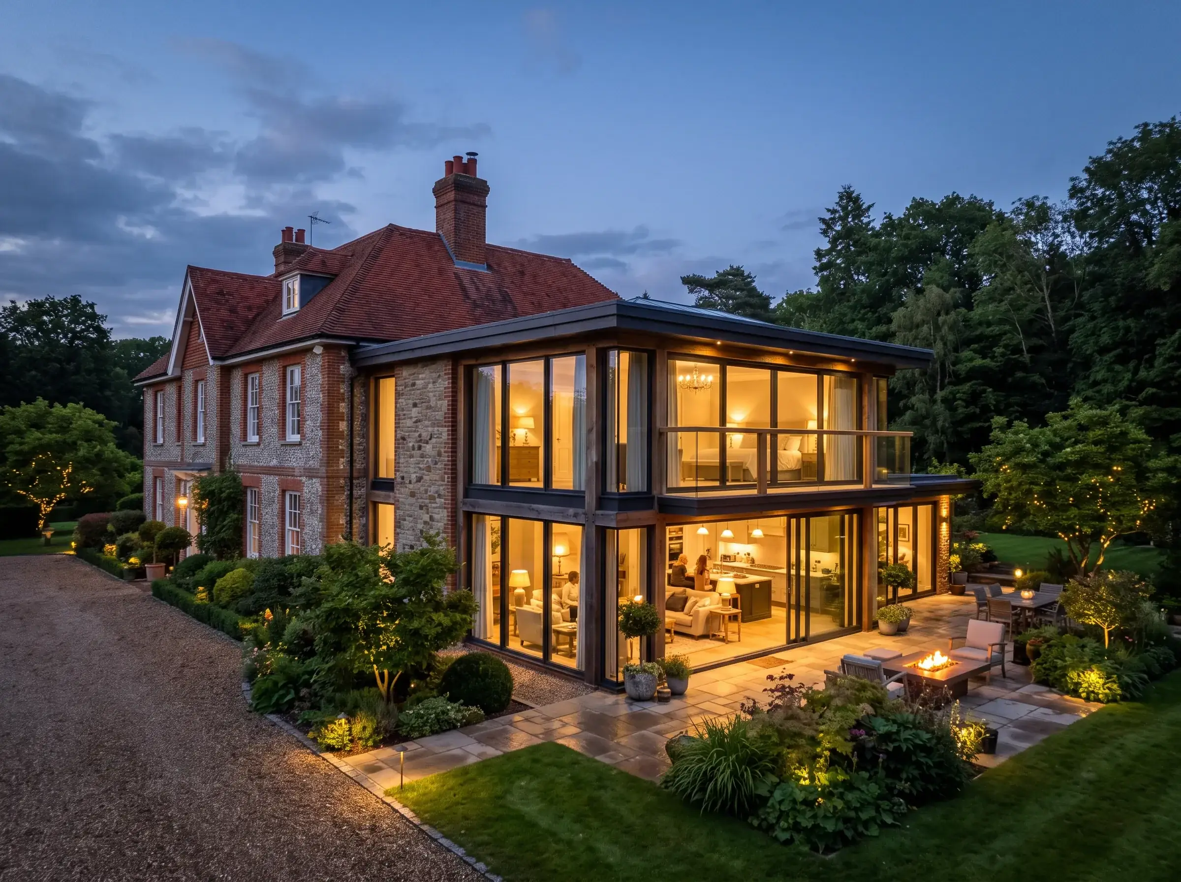 Grand two-storey home extension in Berkshire at dusk with warm interior lighting