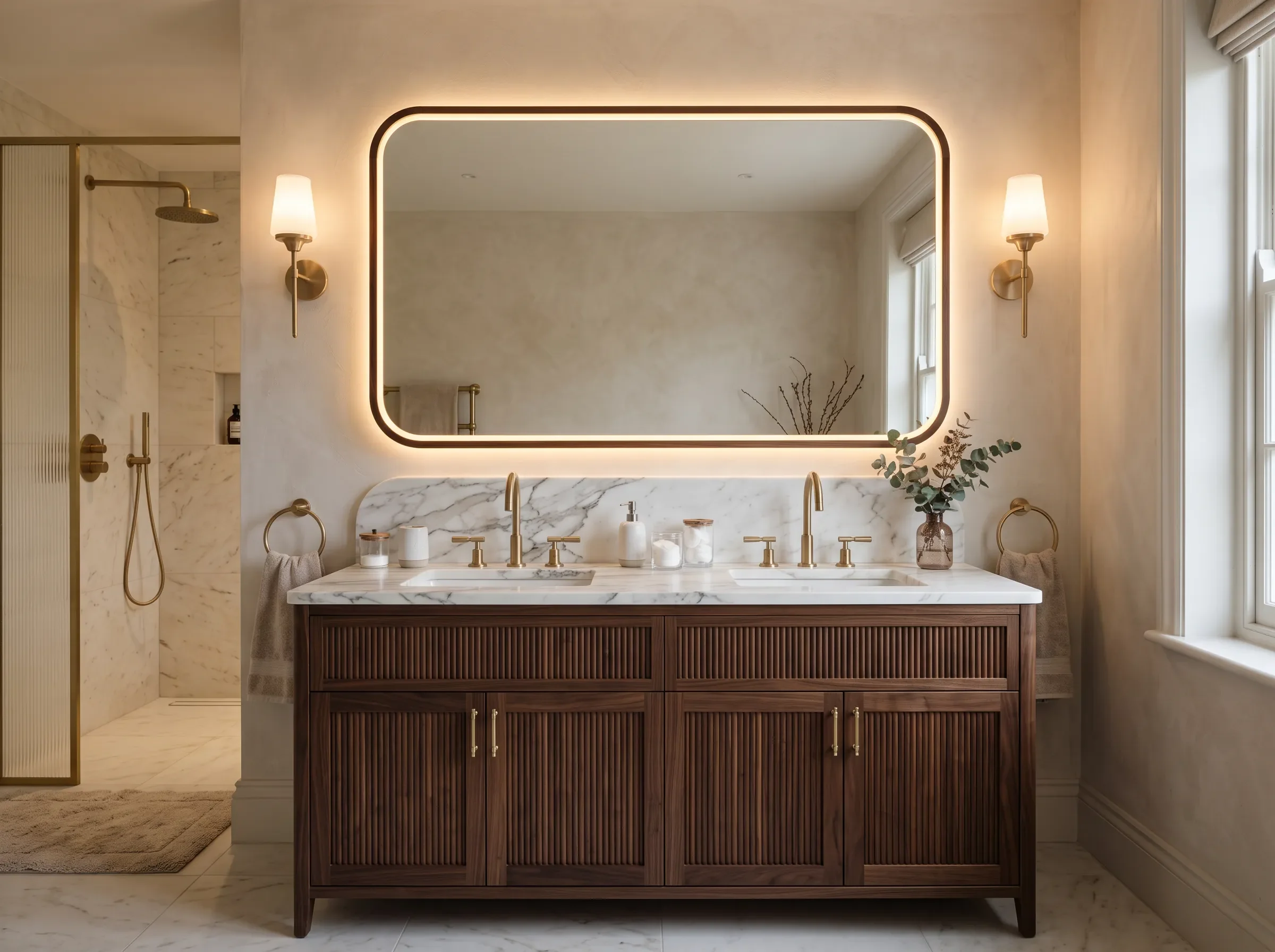 Bespoke double vanity unit with elegant backlit mirror