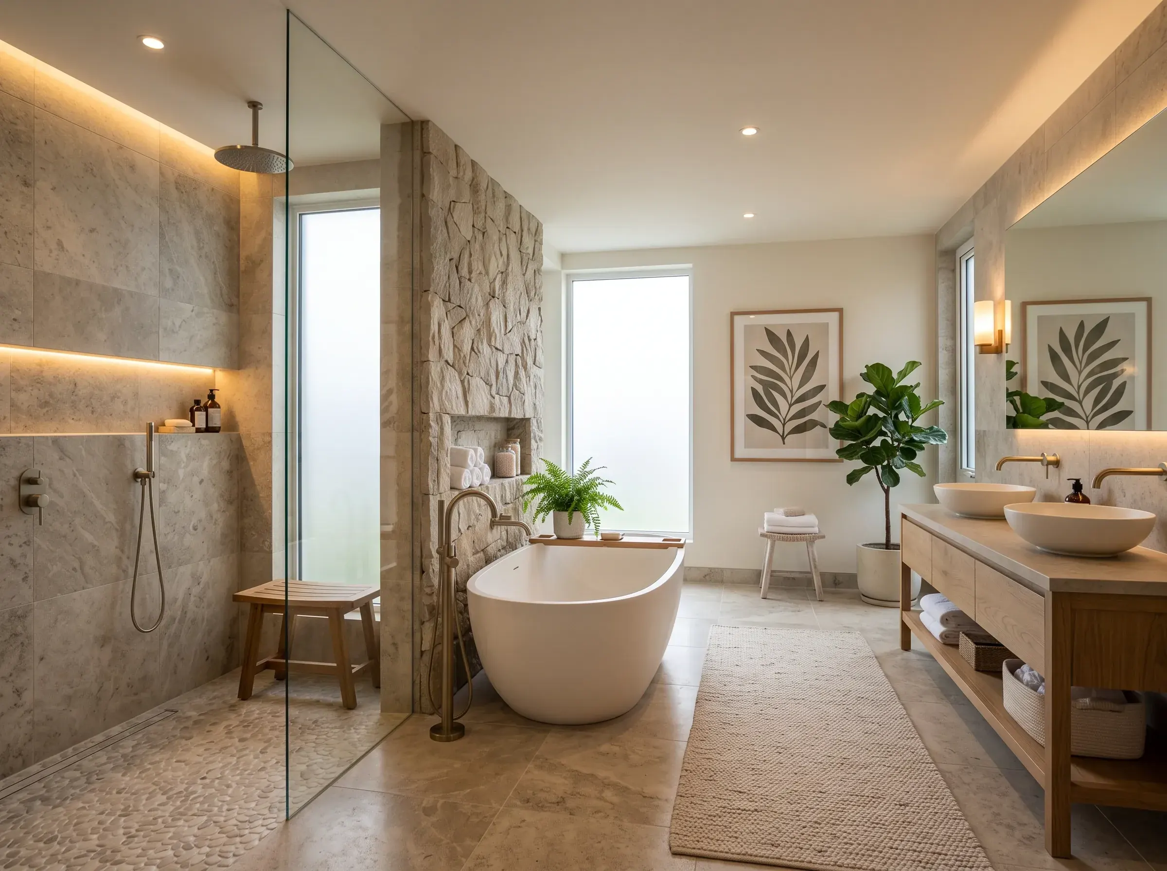 Finished spa-style ensuite bathroom with soft lighting and elegant fittings