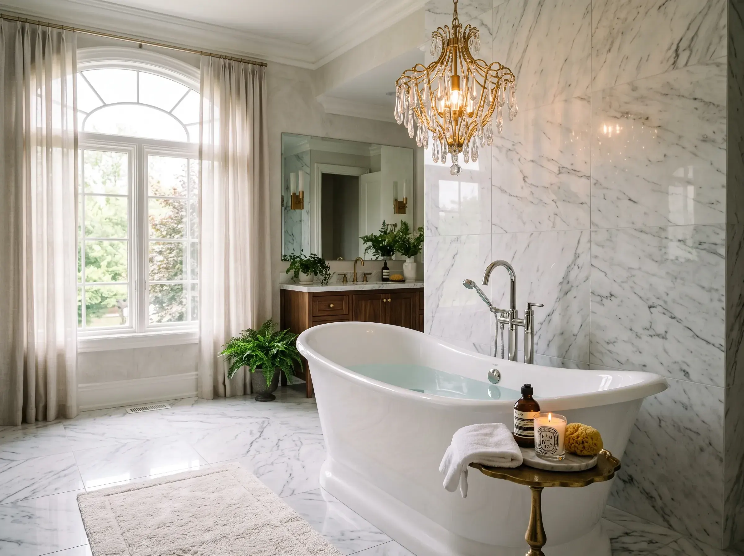 Luxurious freestanding bath beneath a statement pendant light in a Berkshire bathroom renovation
