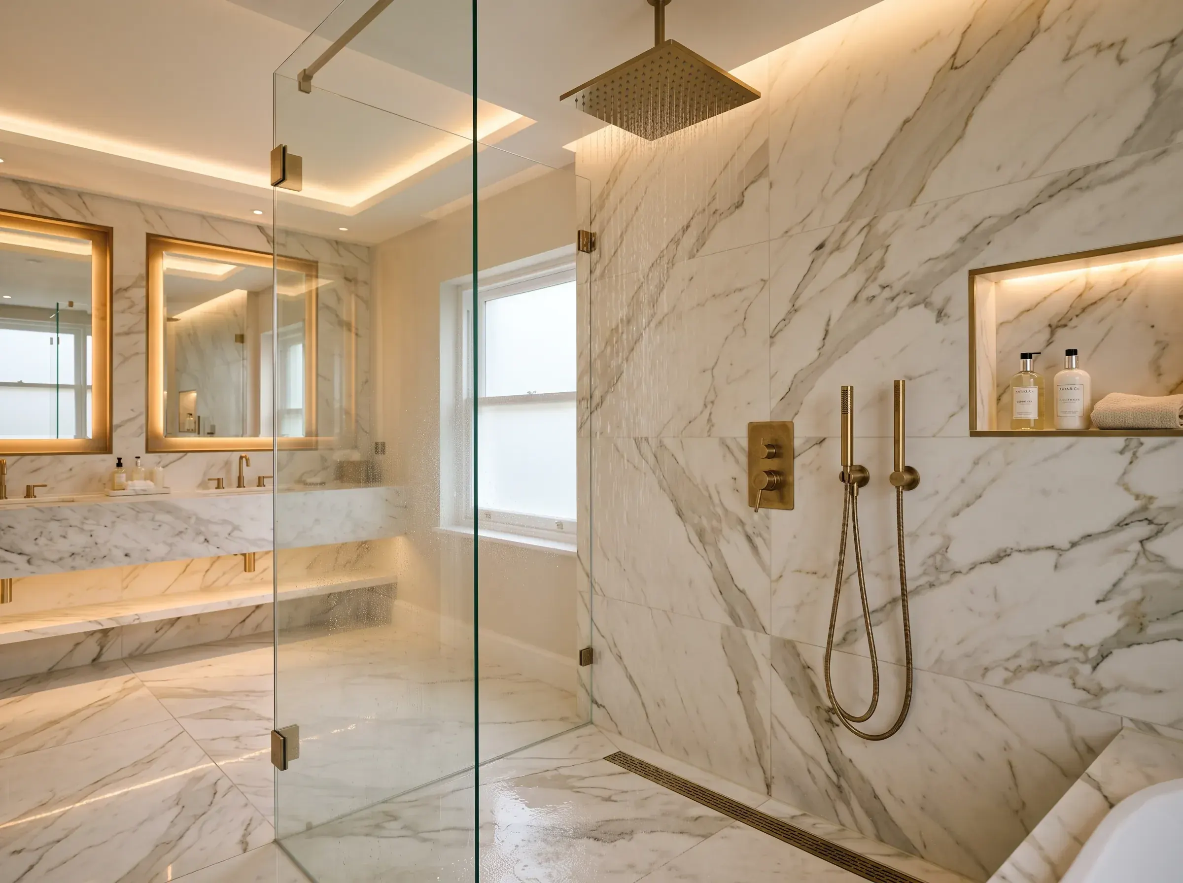 Elegant walk-in rainfall shower with brass fittings and marble tiling