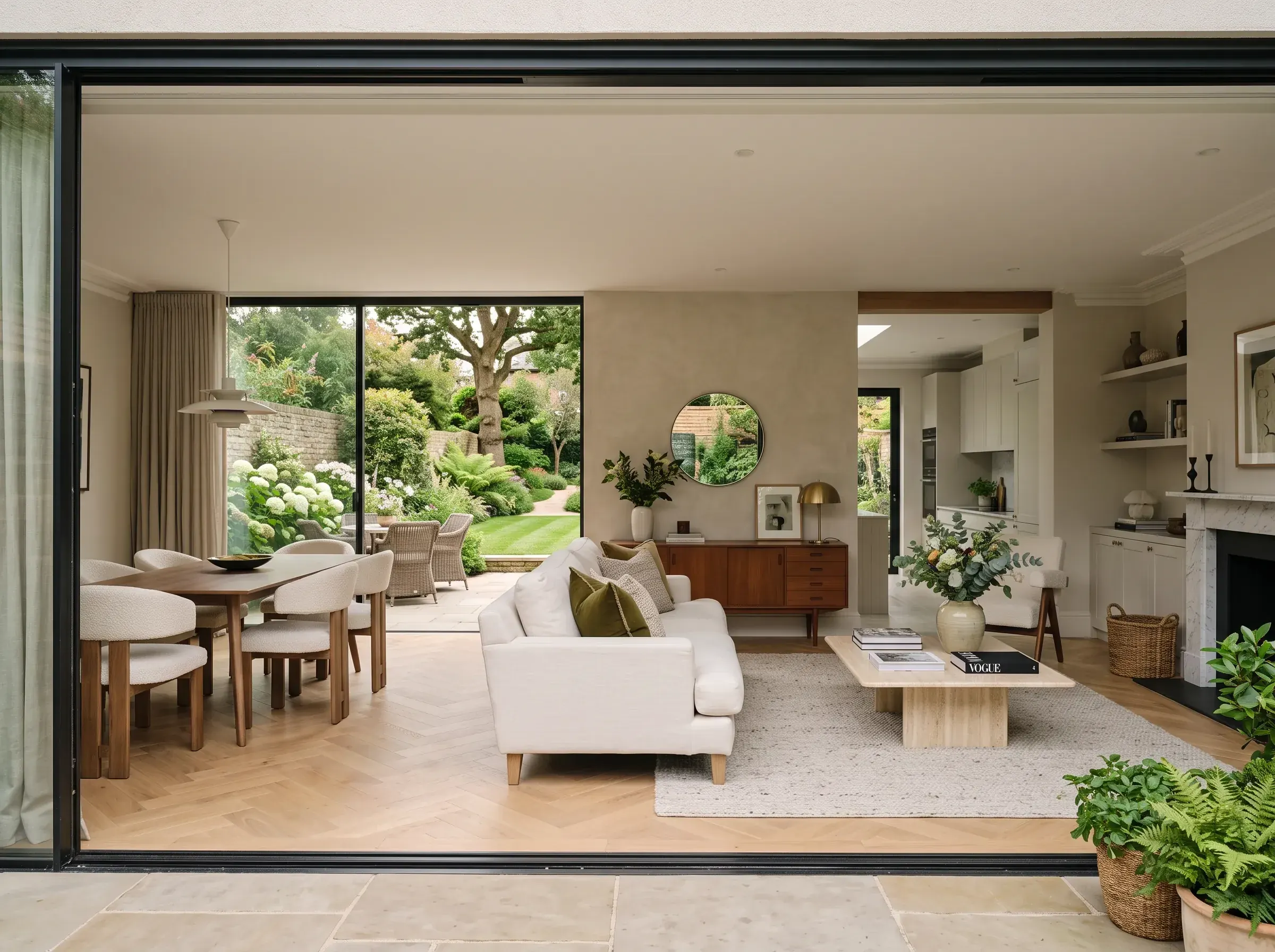 Elegant open-plan living room extension with glazed doors opening to the garden