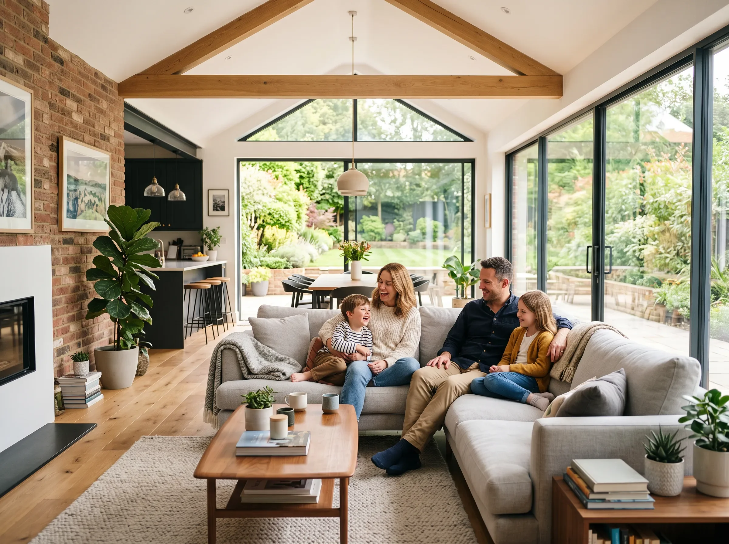 Family relaxing in a beautifully finished open-plan living room extension in Berkshire
