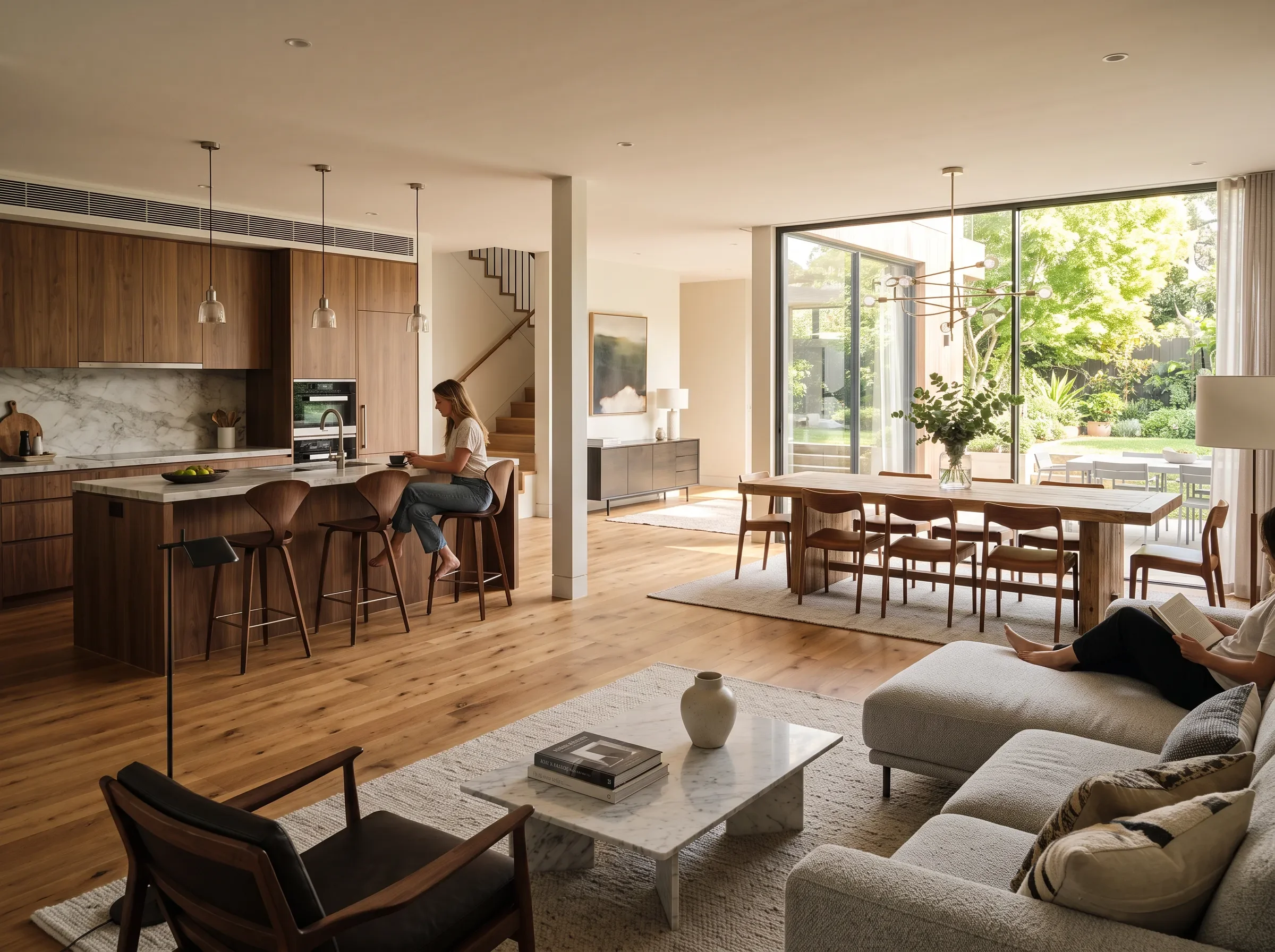 Seamless flow between kitchen, dining and living areas in an open-plan extension