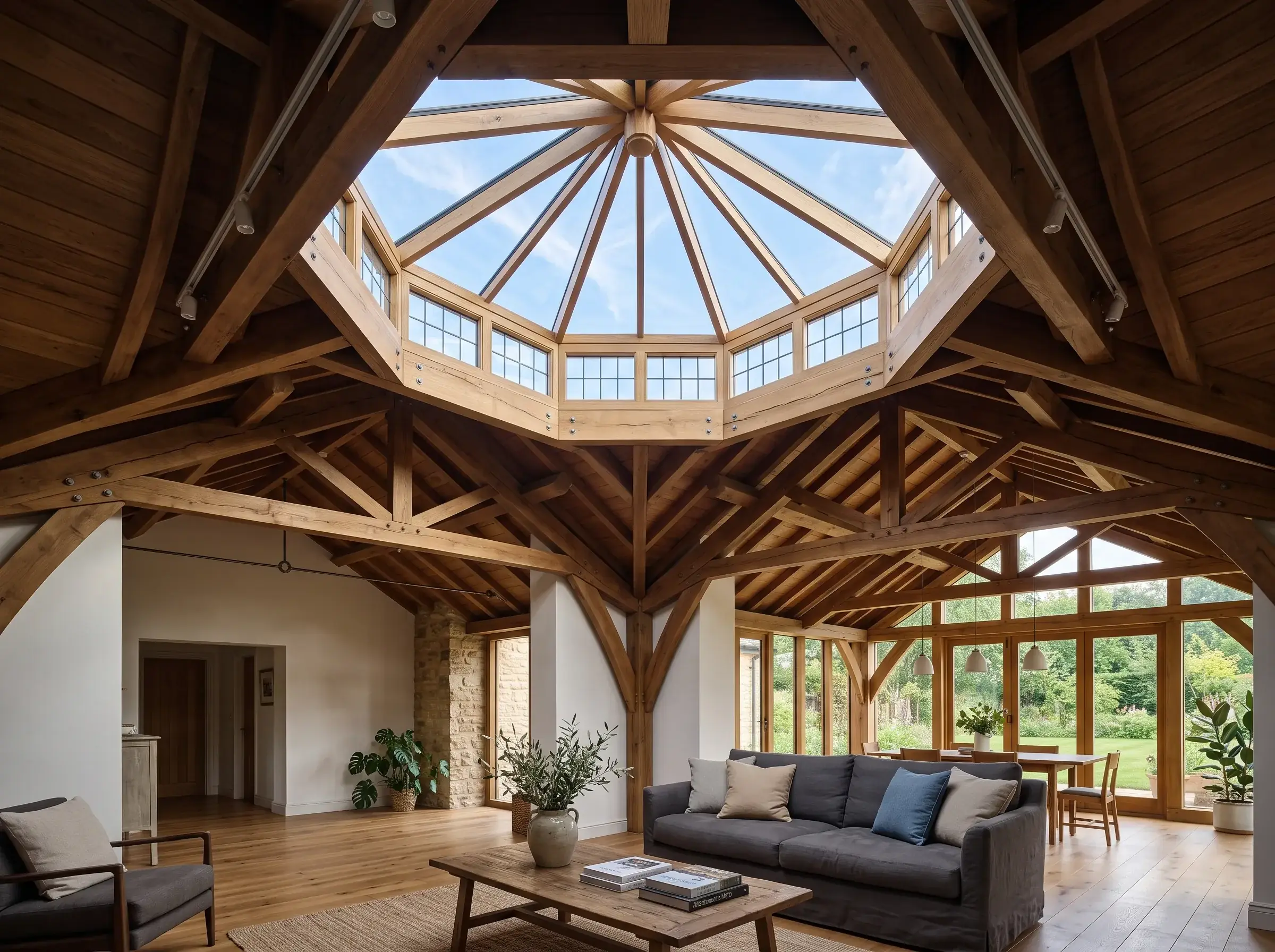 Vaulted ceiling with roof lantern in an open-plan living room extension