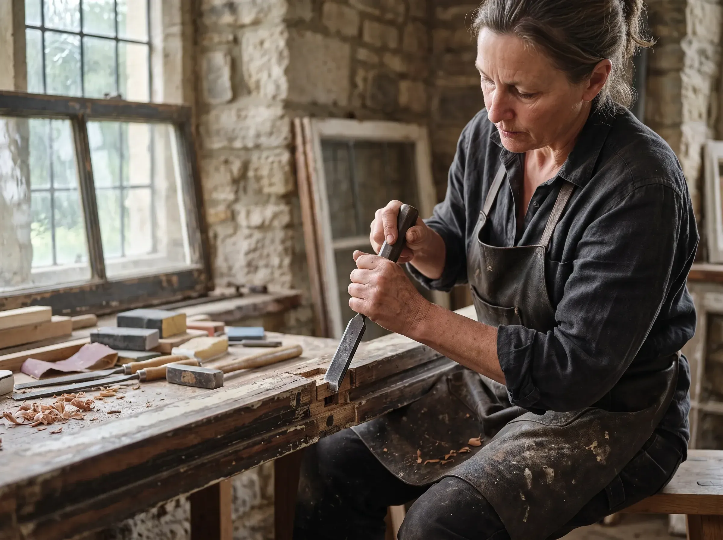 Craftsman restoring original sash window joinery in a Berkshire period property