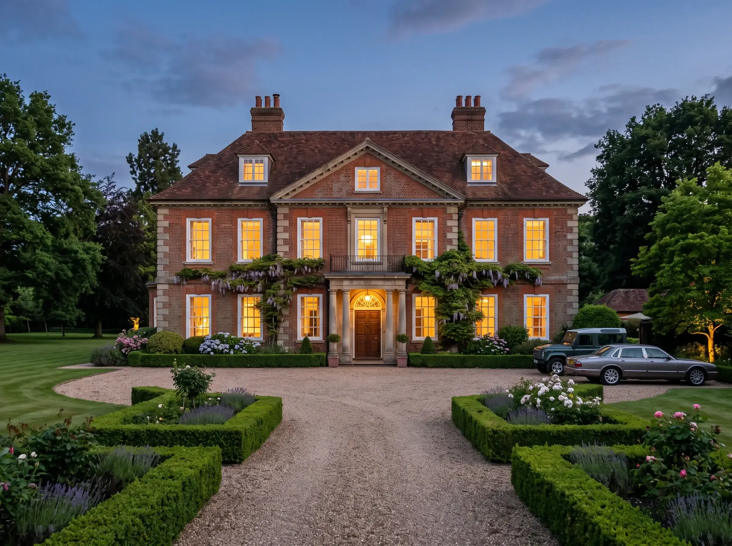 Grand period property exterior in Berkshire at dusk with warm interior lighting