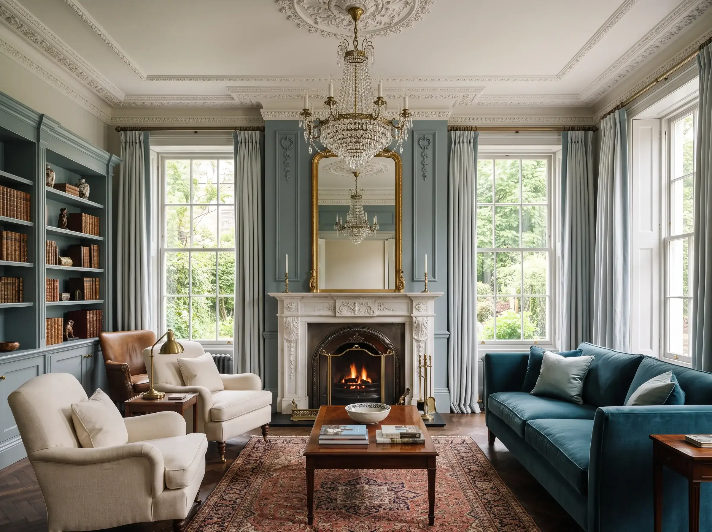 Elegantly restored period drawing room with original fireplace and cornicing