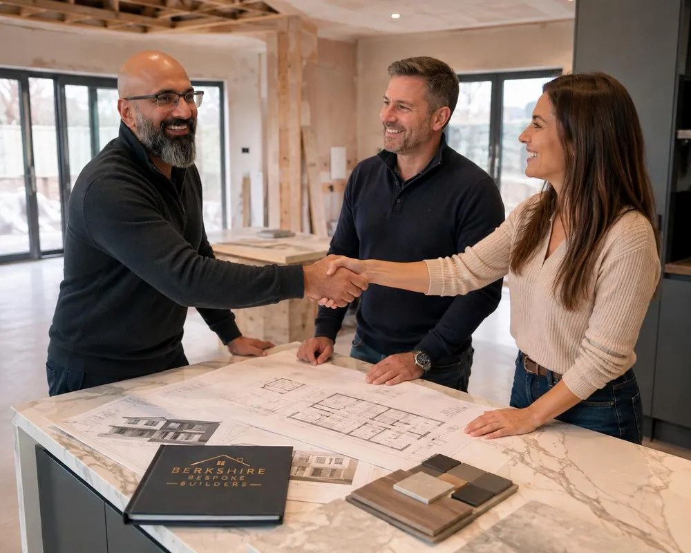 Pindi Sahota meeting clients over house plans on site